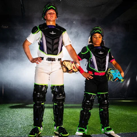 Two catchers in All-Star catcher's gear